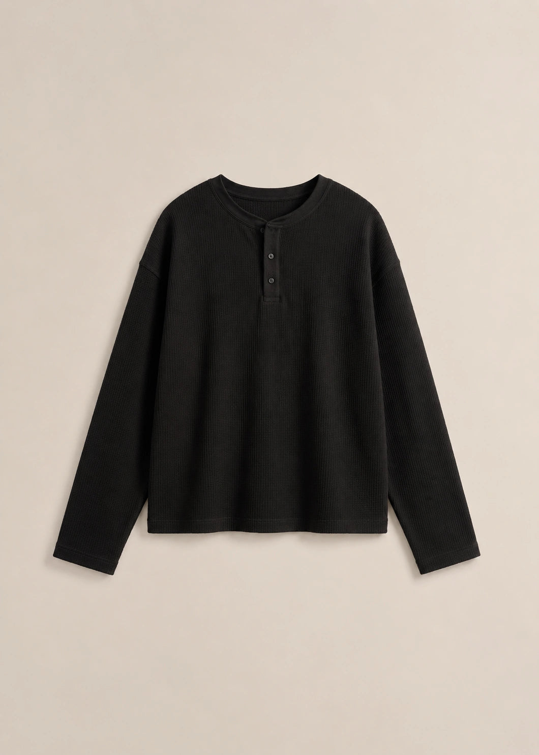 Black Waffle Knit Henley Oversized