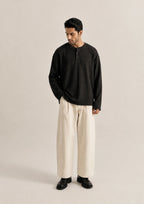 Black Waffle Knit Henley Oversized