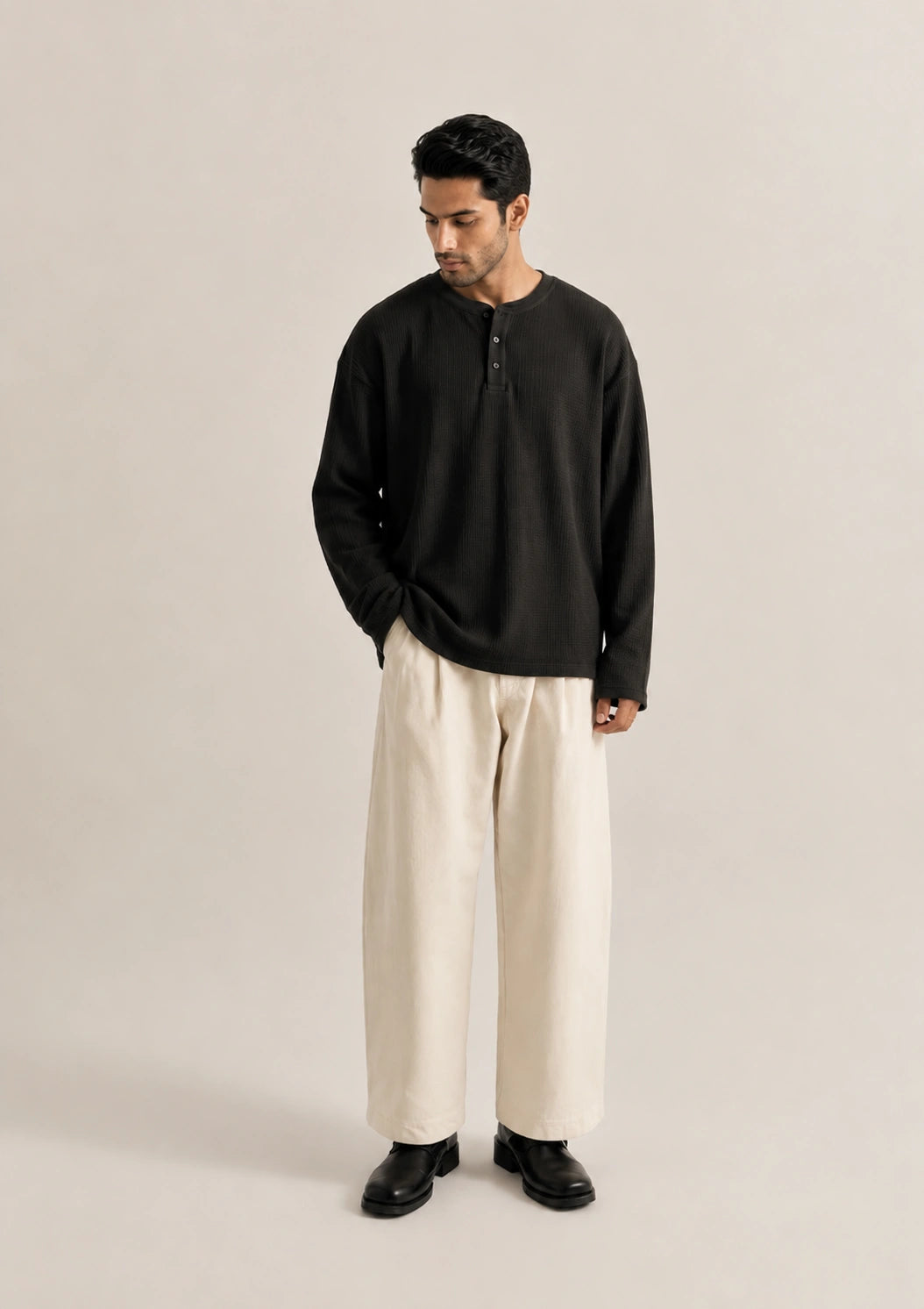 Black Waffle Knit Henley Oversized