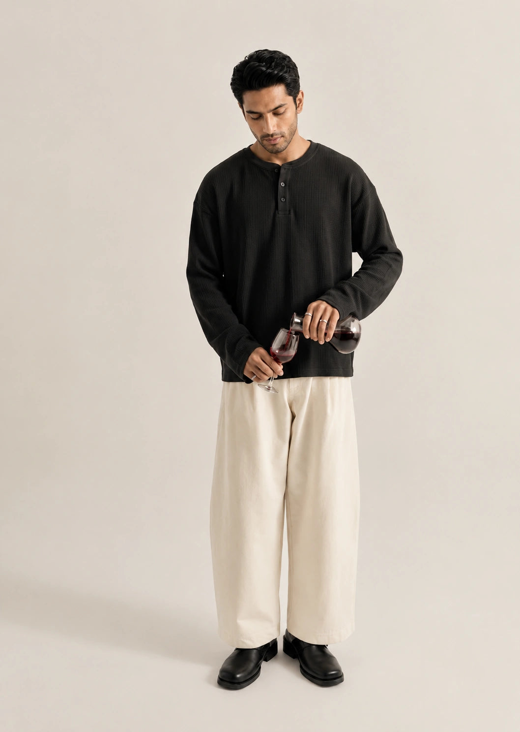 Black Waffle Knit Henley Oversized