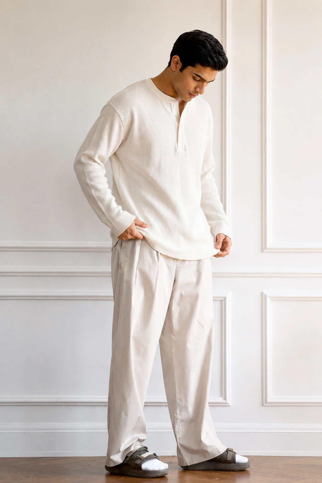 White Waffle Knit Henley Oversized