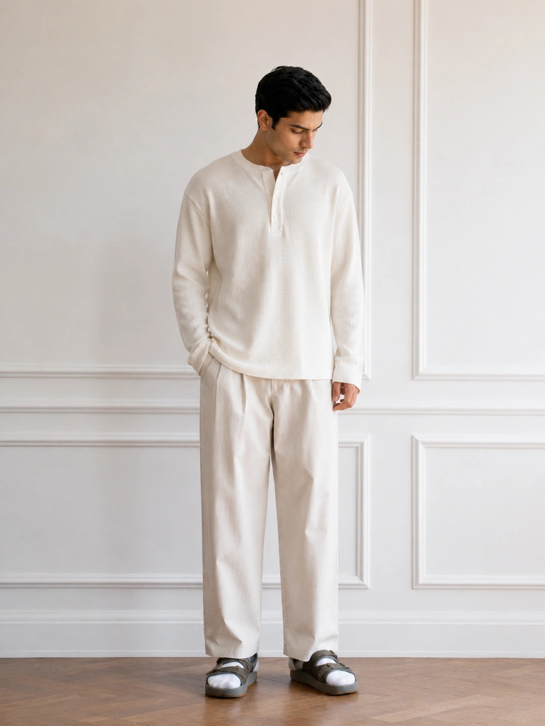 White Waffle Knit Henley Oversized