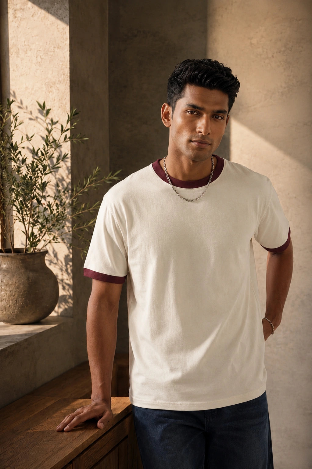 Maroon Off White Unisex Ringer Tee