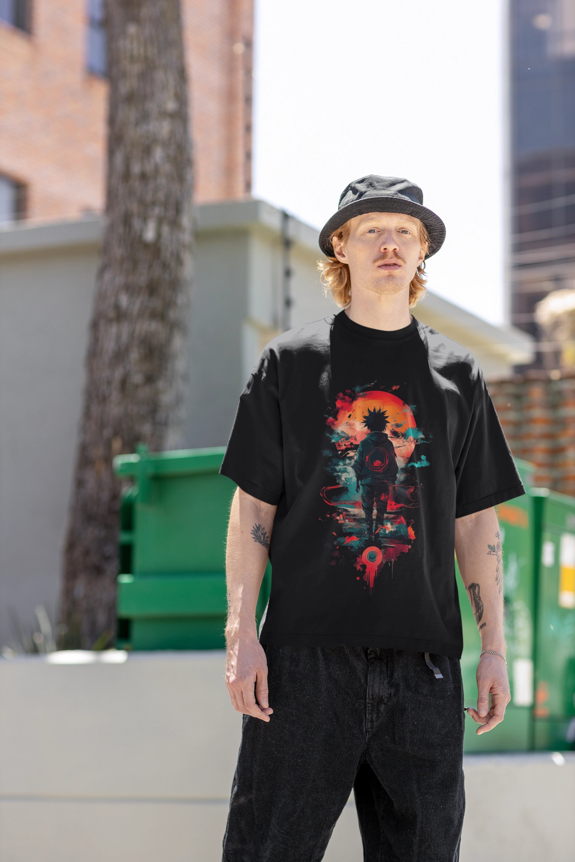 Oversized Anime Streetwear T-Shirt – Red Sun Warrior Front Print Tee