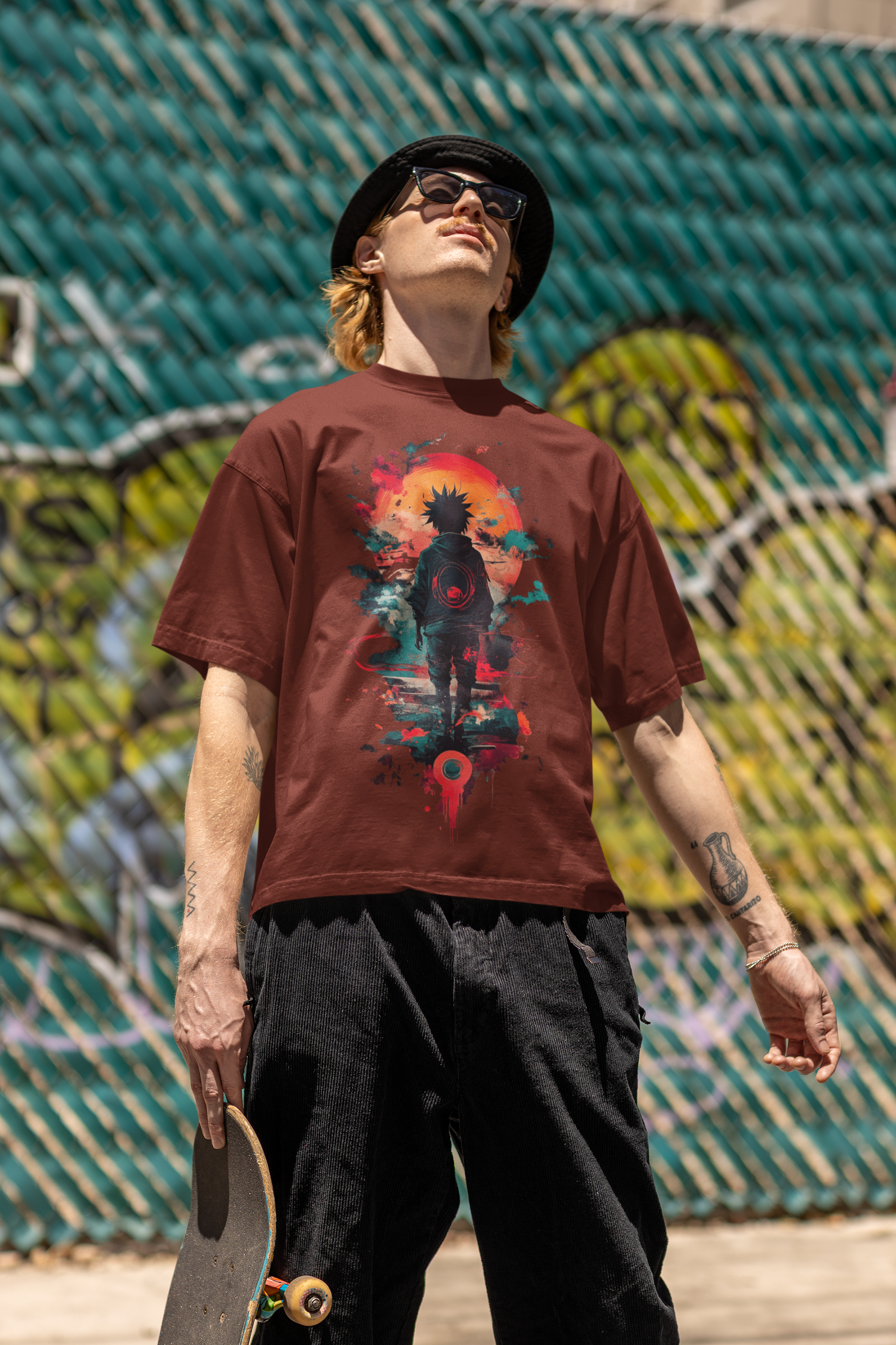 Oversized Anime Streetwear T-Shirt – Red Sun Warrior Front Print Tee