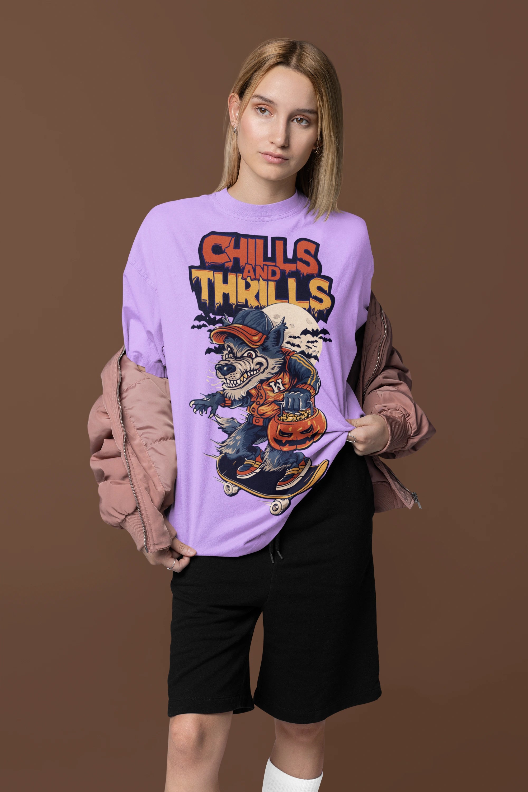 Chills & Thrills Oversized Graphic Tee – Halloween Skate Wolf Edition