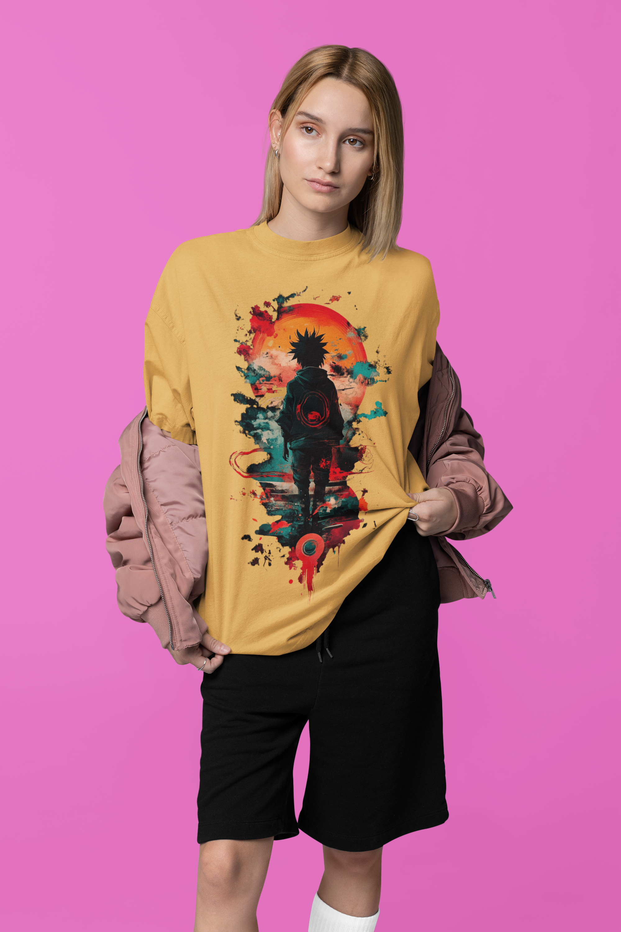 Oversized Anime Streetwear T-Shirt – Red Sun Warrior Front Print Tee