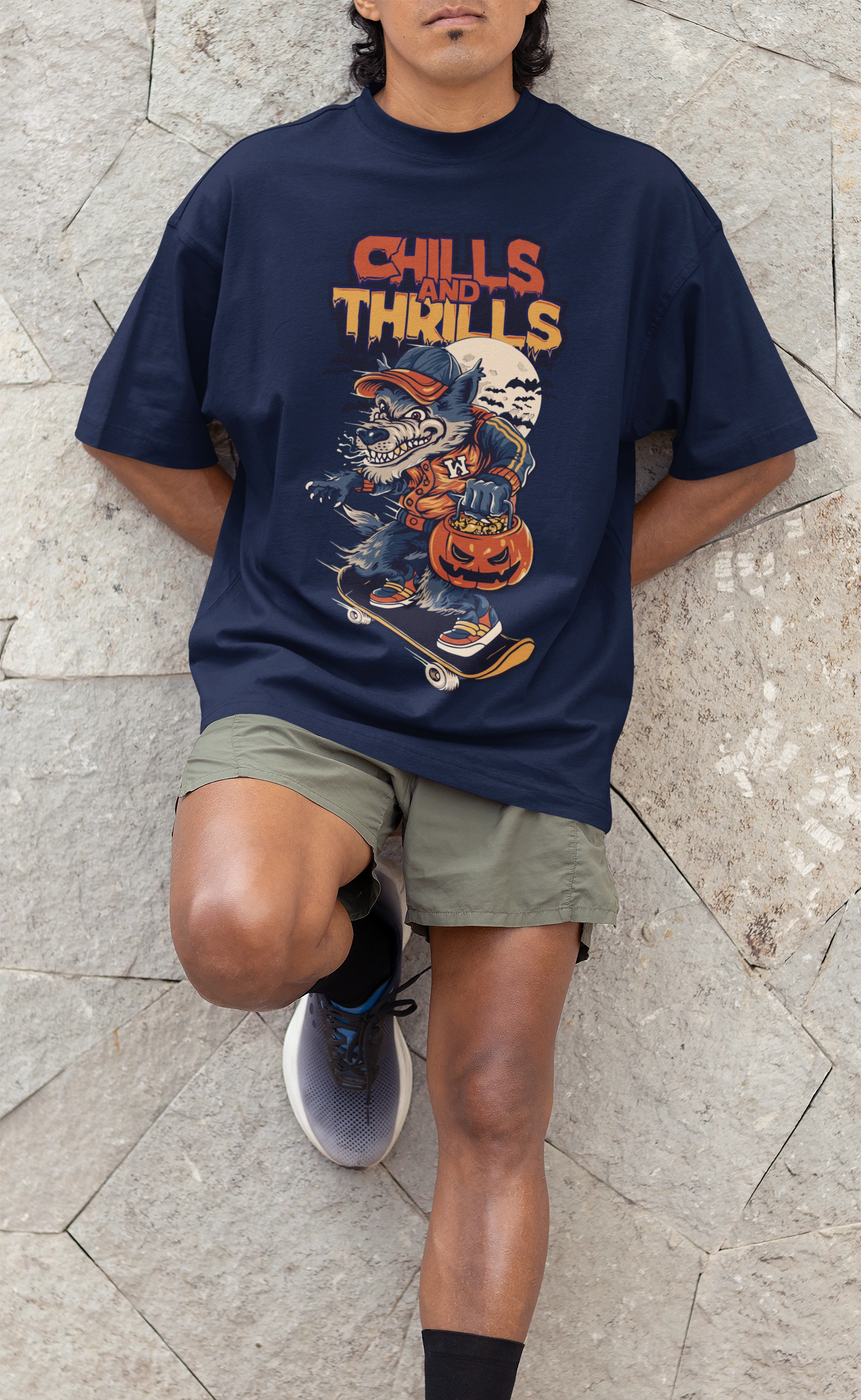 Chills & Thrills Oversized Graphic Tee – Halloween Skate Wolf Edition