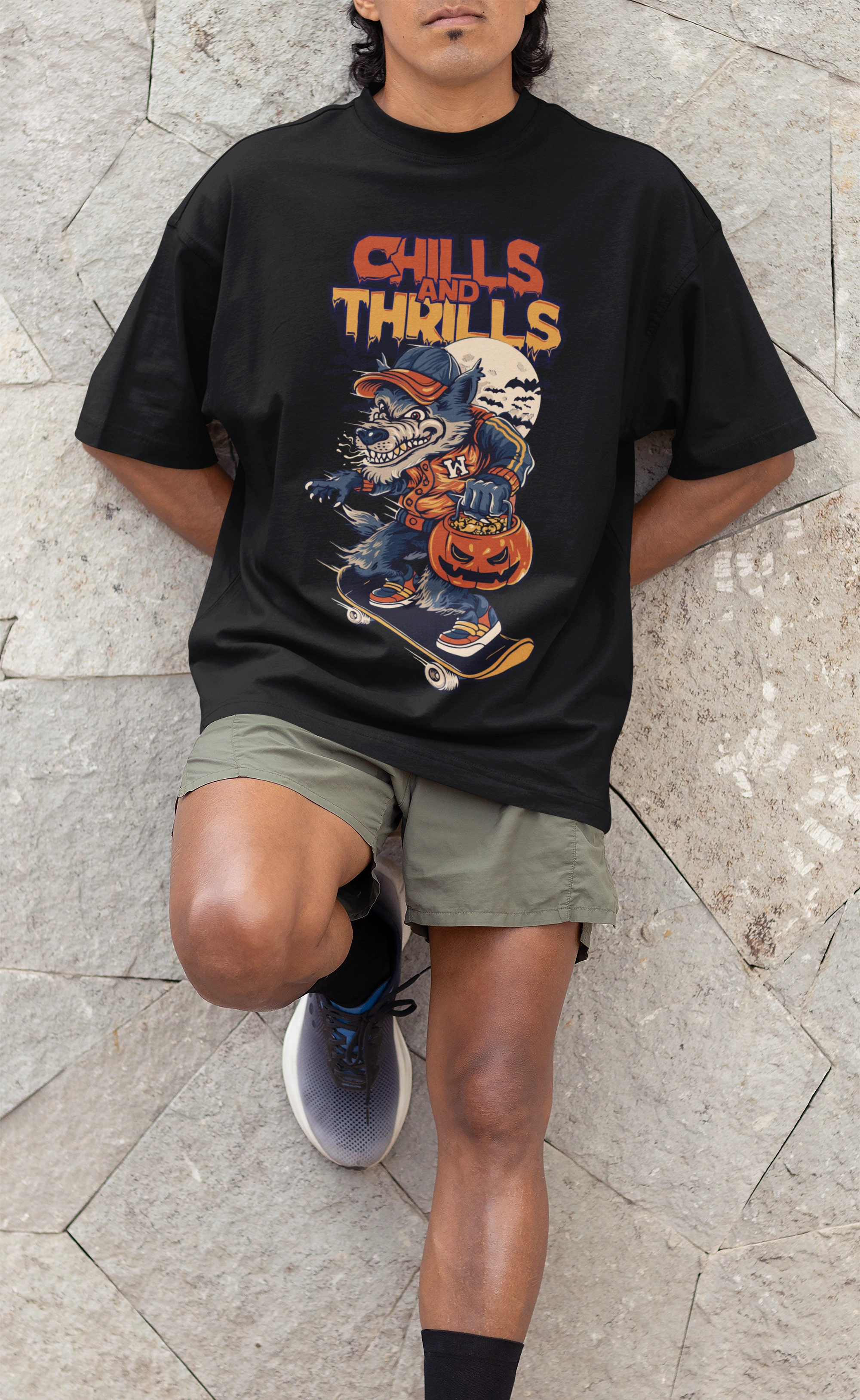 Chills & Thrills Oversized Graphic Tee – Halloween Skate Wolf Edition