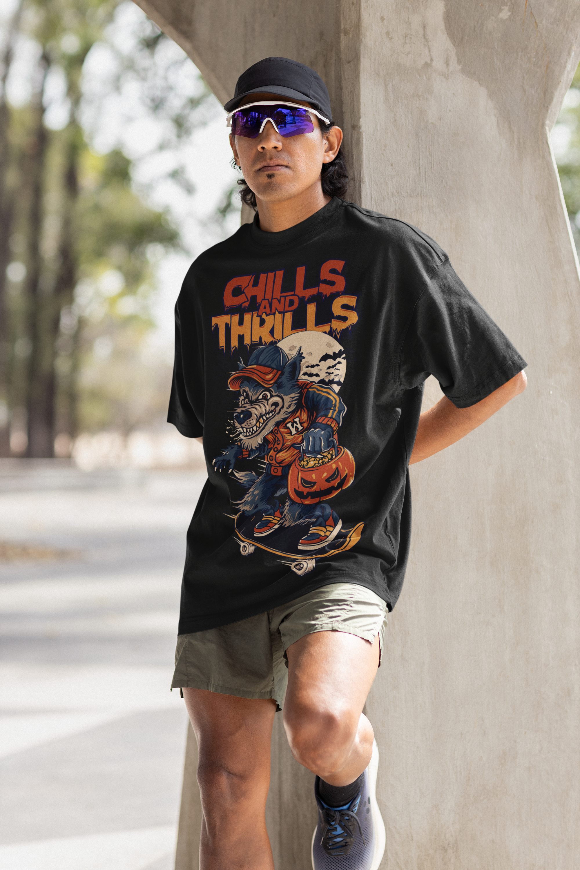 Chills & Thrills Oversized Graphic Tee – Halloween Skate Wolf Edition