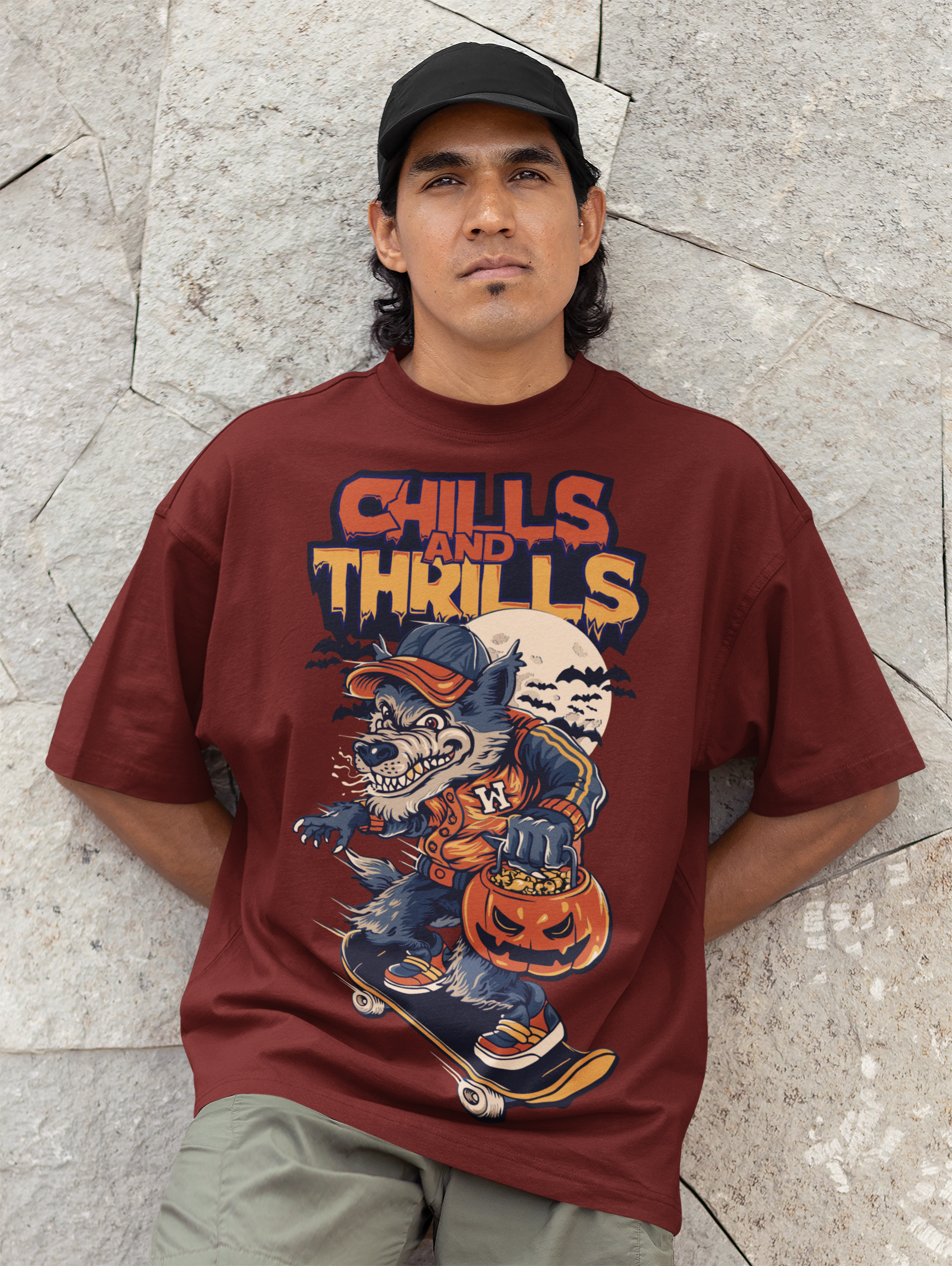 Chills & Thrills Oversized Graphic Tee – Halloween Skate Wolf Edition