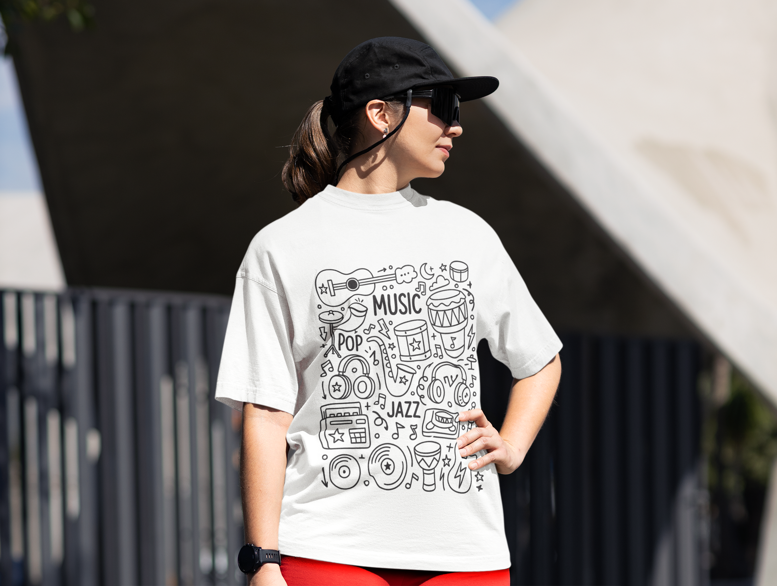 Oversized "Music Vibes" Doodle Graphic T-Shirt