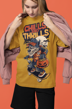 Chills & Thrills Oversized Graphic Tee – Halloween Skate Wolf Edition