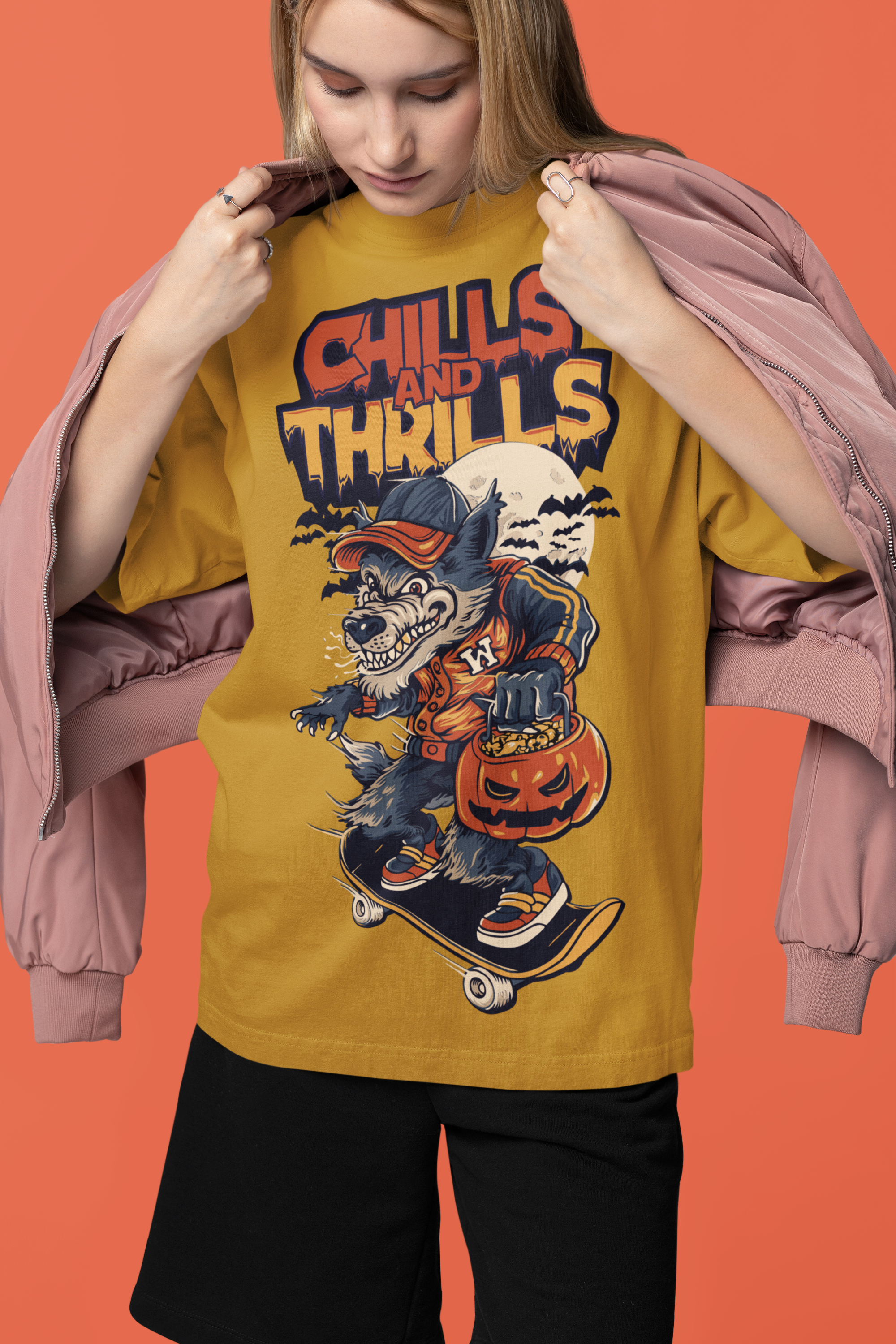 Chills & Thrills Oversized Graphic Tee – Halloween Skate Wolf Edition
