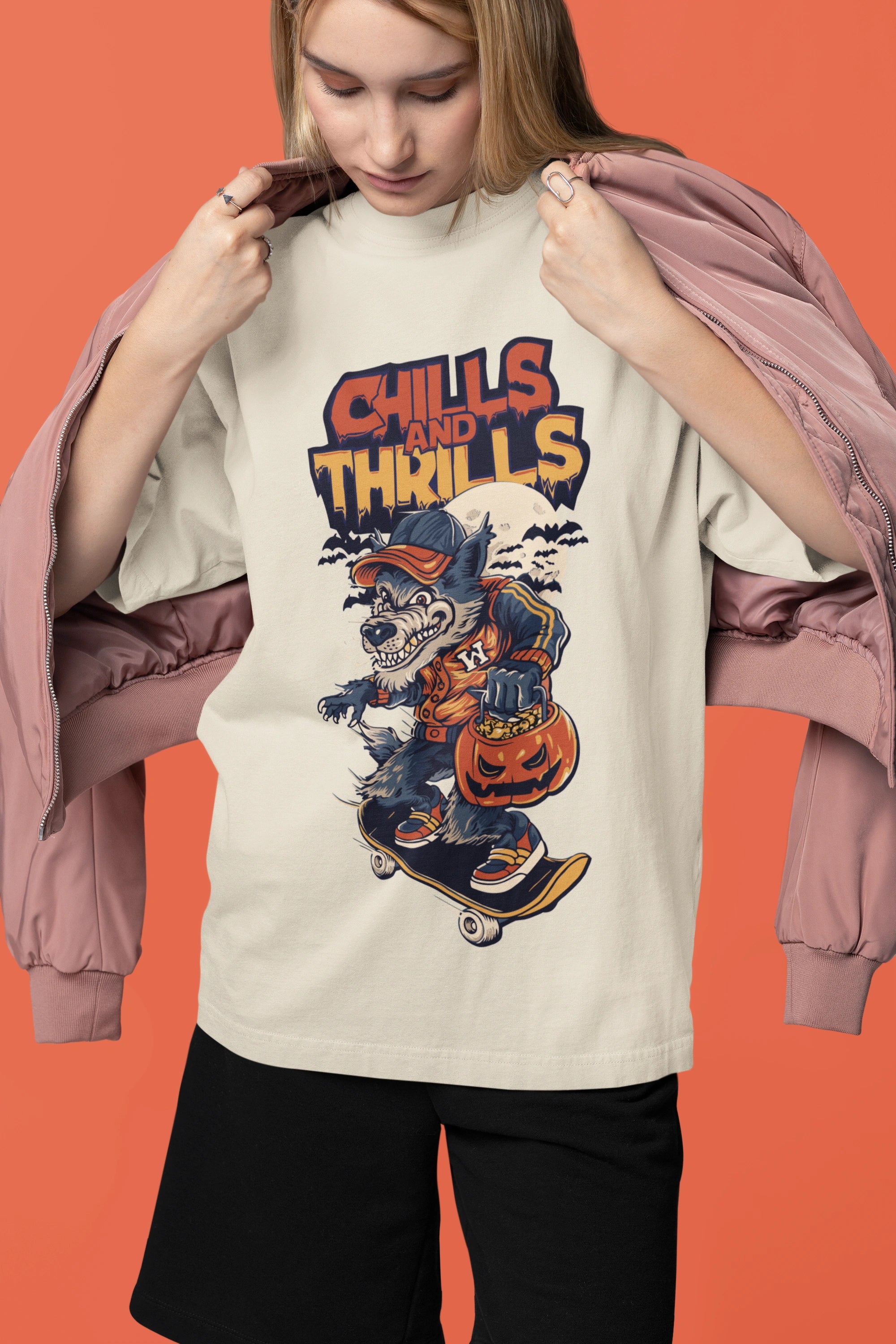 Chills & Thrills Oversized Graphic Tee – Halloween Skate Wolf Edition