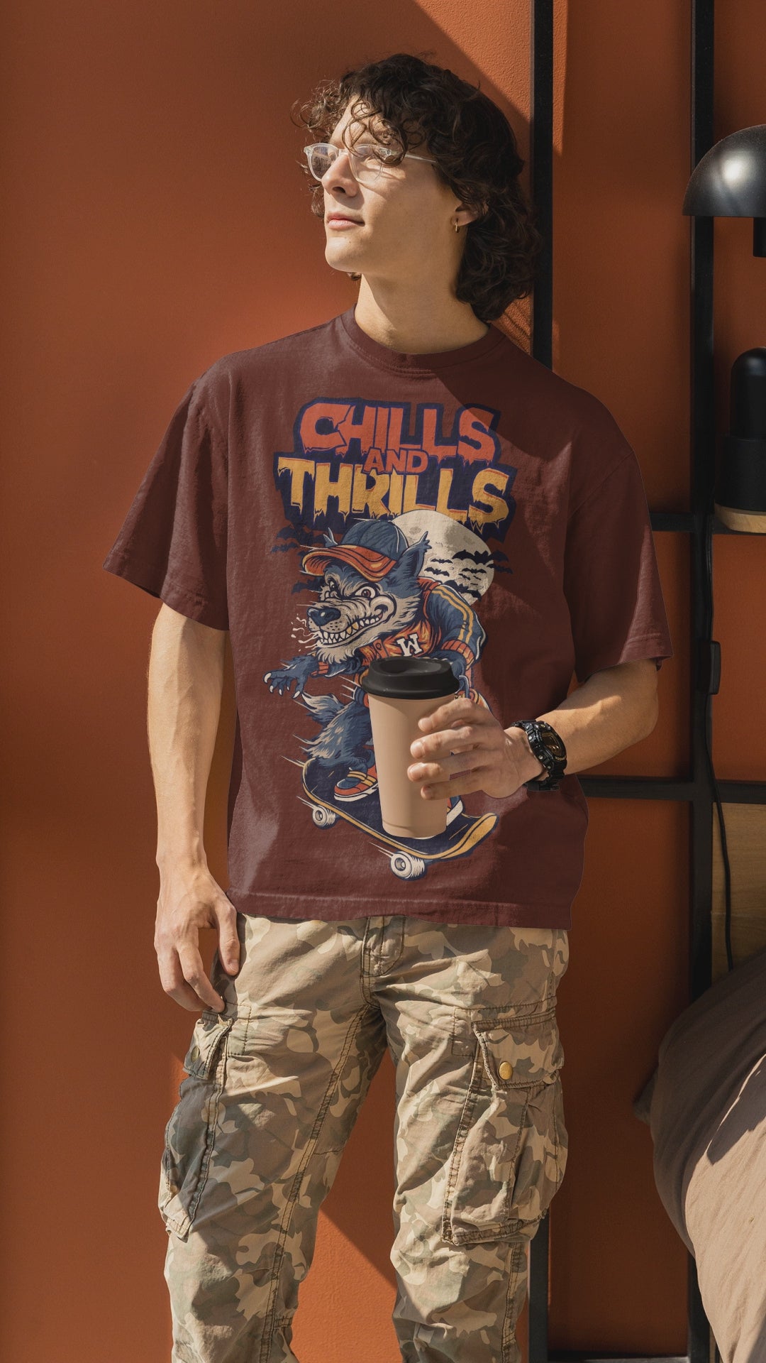 Chills & Thrills Oversized Graphic Tee – Halloween Skate Wolf Edition